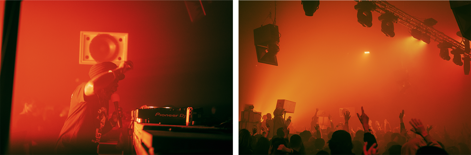 These are two photos that both have orange as a base colour. In the first photo you see Aba-Shanti saying something in a microphone while he is standing behind the turntable. The second photo is an overview photo of the club KABUL à GoGo. In the foreground, you can see a group of people dancing with their hands in the air. In the back of the photo, you can see Aba-Shanti I behind the turntable. 